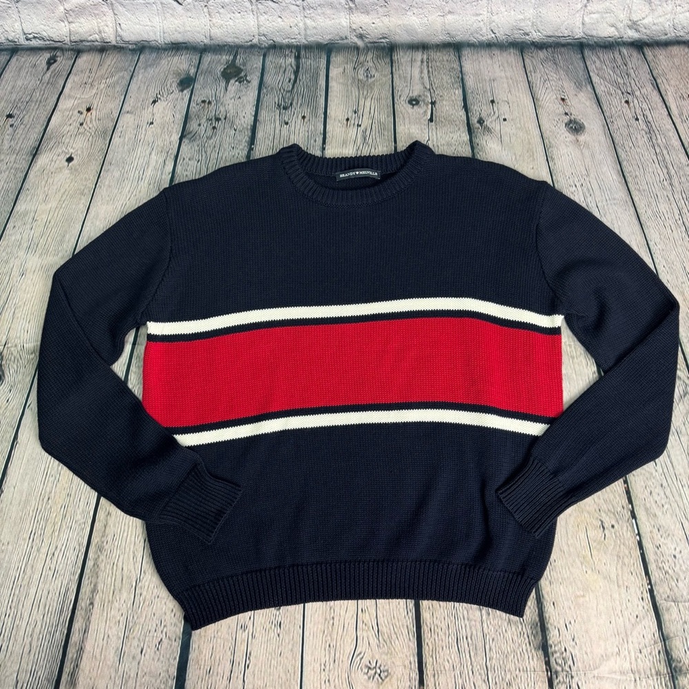 Brandy Melville Classic Preppy Crewneck Navy Knit Sweater w Red White Stripes OS